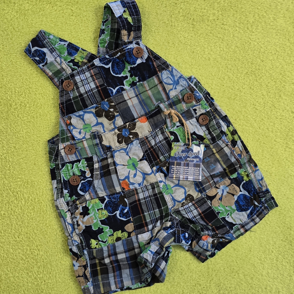 NWT 0-3M UNISEX Blue Green Plaid Floral Patchwork Overalls HAND DYED (Q4)